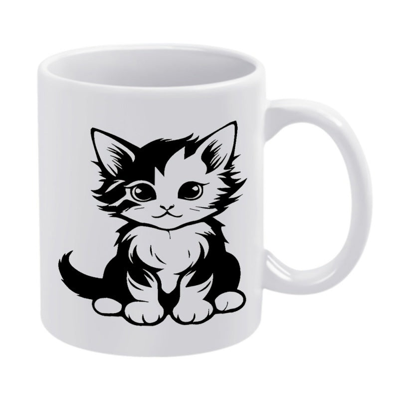 Tailorly White Ceramic 11 oz Mug - Adorable Sitting Hand Drawn Black And White Sketch Styled Fluffy Kitten