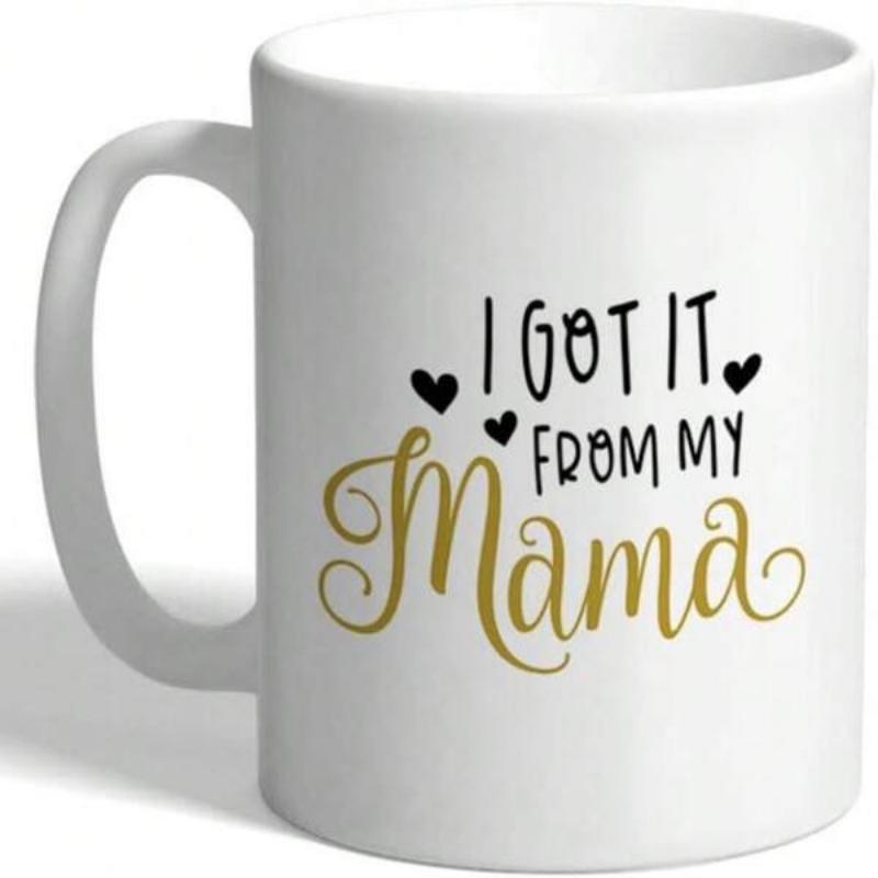 Tailorly White Ceramic 11 oz Mug - I Got It From My Mama Simple Black Hearts Floating Beside Elegant Gold Cursive Script Text Mug