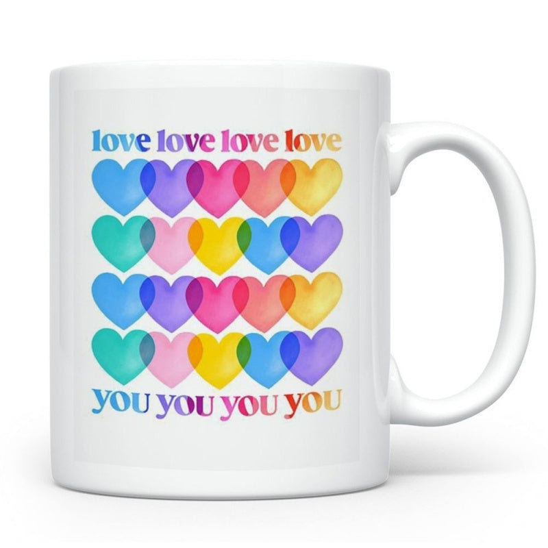 Tailorly White Ceramic 11 oz Mug - Love You Overlapping Colorful Watercolor Elements Arranged In A Geometric Grid Heart