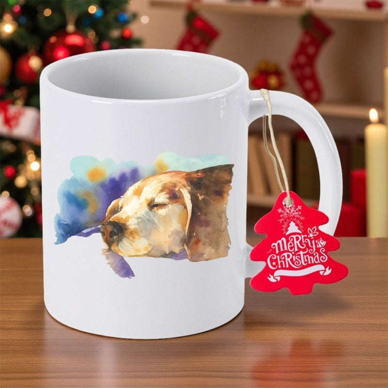 Tailorly White Ceramic 11 oz Mug - Peaceful Sleeping Golden Retriever Dog In Watercolor Style With Blue Background Dog