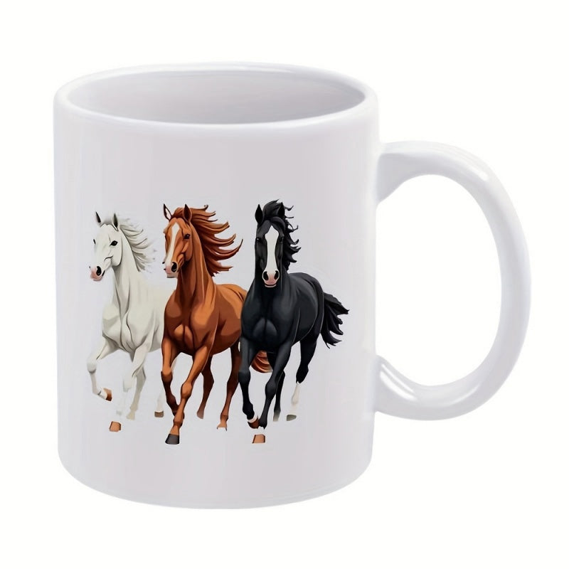 Tailorly White Ceramic 11 oz Mug - Three Powerful Galloping Stallions Running Together Across A Minimal White Background Horse