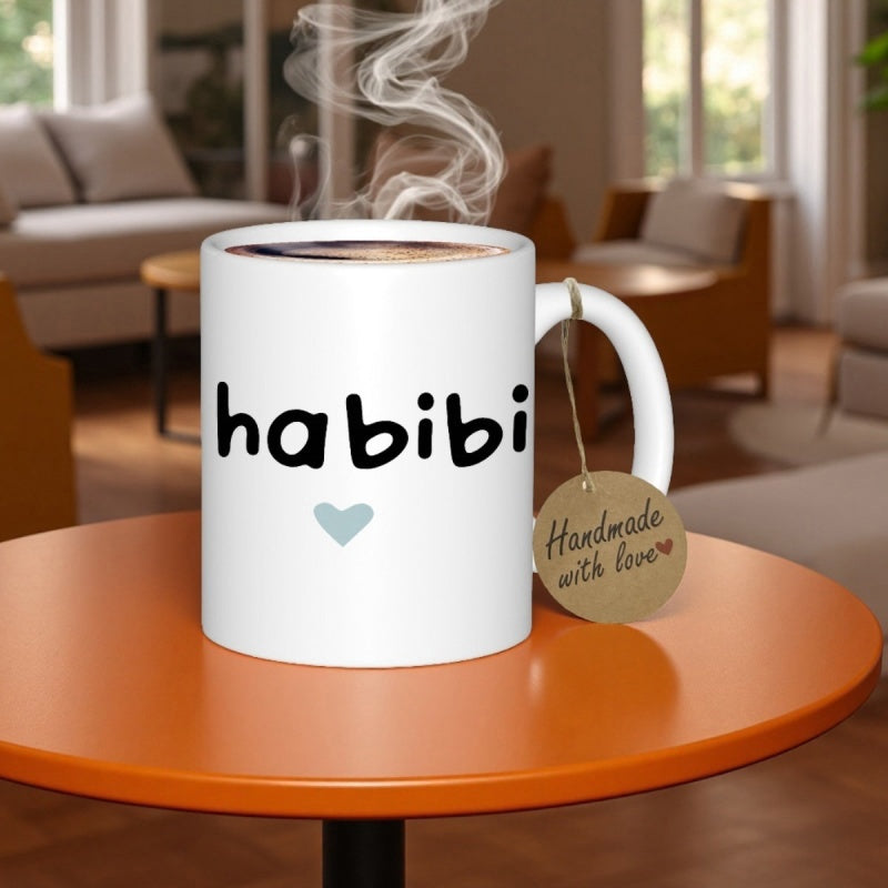 Tailorly White Ceramic 11 oz Mug - Habibi Minimalist Black Text With Small Blue Heart On