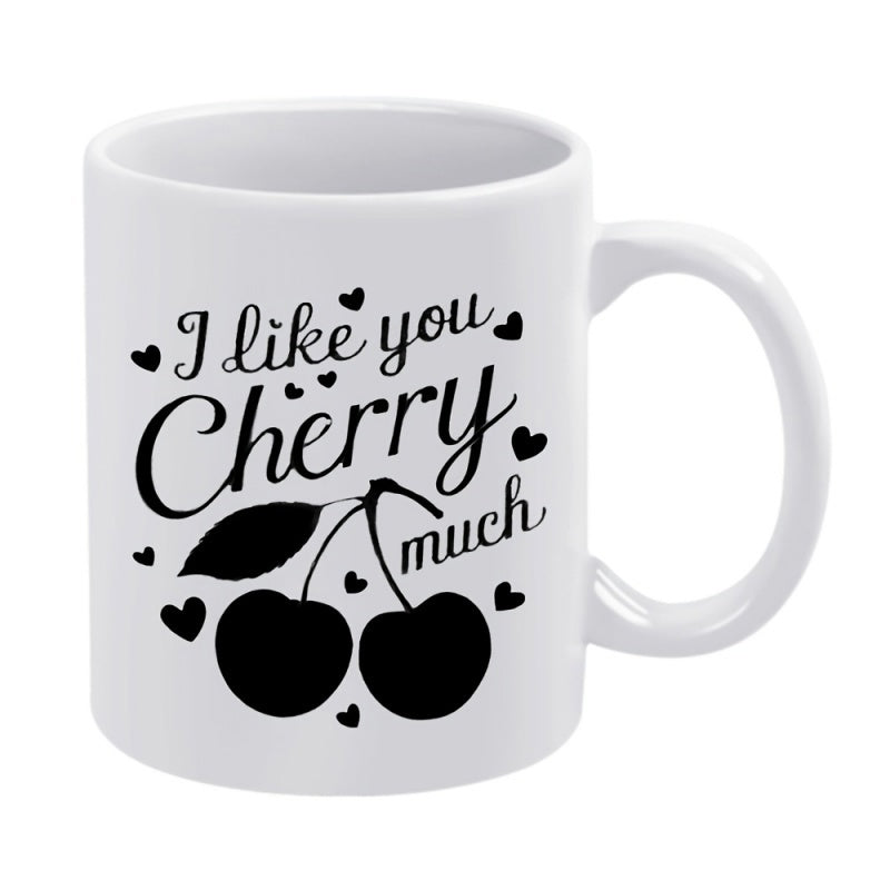Tailorly White Ceramic 11 oz Mug - I Like You Cherry Much Minimalist Black Silhouettes Of Two Ripe Fruits With Small Hearts Around Cherry