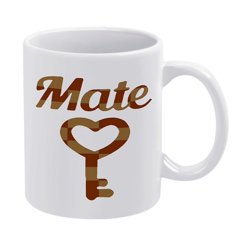 Tailorly White Ceramic 11 oz Mug - Mate Brown Plaid Pattern Featuring A Heart Shaped Handle Classic Decorative Key