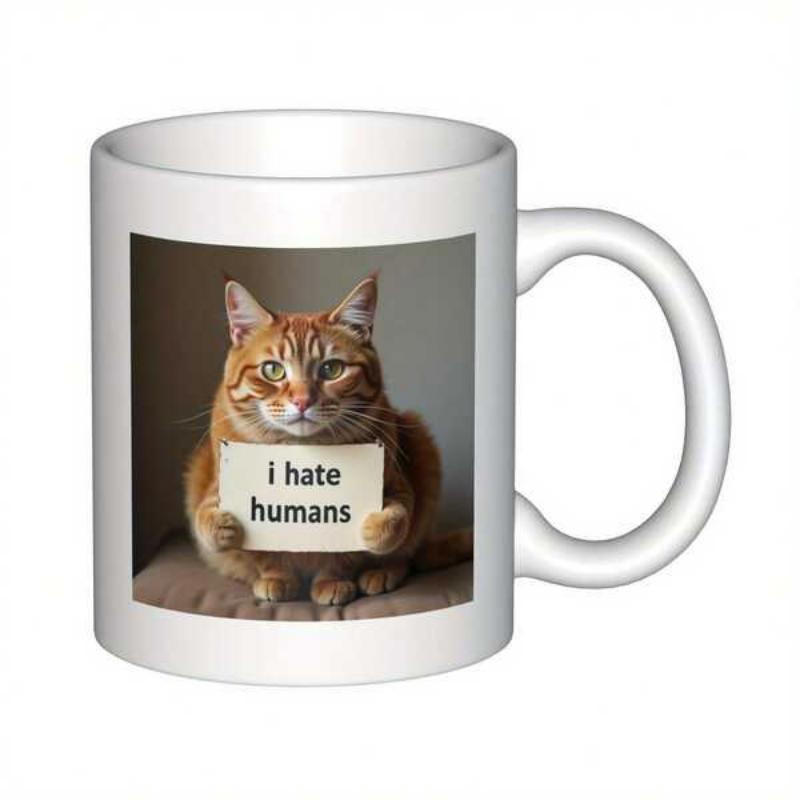 Tailorly White Ceramic 11 oz Mug - I Hate Humans Ginger Tabby Holding A Small Sign With A Grumpy Expression Cat