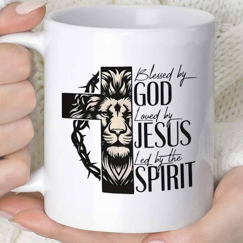 Tailorly White Ceramic 11 oz Mug - Blessed By God Loved By Jesus Led By The Spirit Detailed Monochrome Graphic Merged Into Religious Cross Surrounded By Prickly