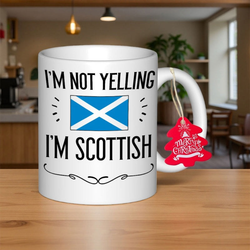Tailorly White Ceramic 11 oz Mug - Im Not Yelling Im Scottish Featuring Saltire National Flag With Hand Drawn Style Decorative Swirls Mug