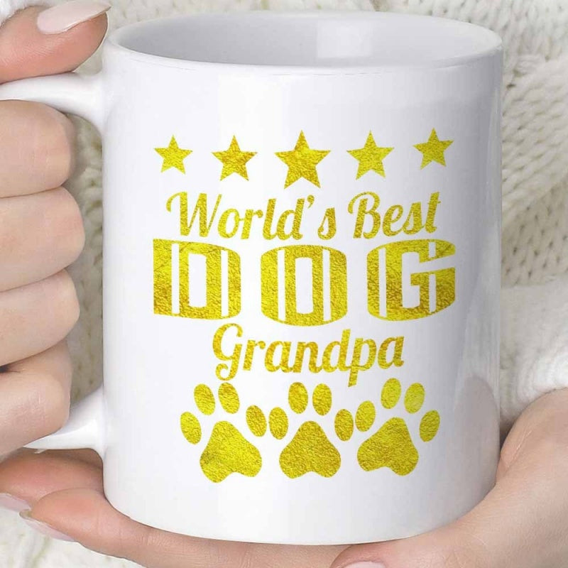 Tailorly White Ceramic 11 oz Mug - World's Best Dog Grandpa Glittering Golden Stars And Paw Prints With Stylish Script Typography Mug