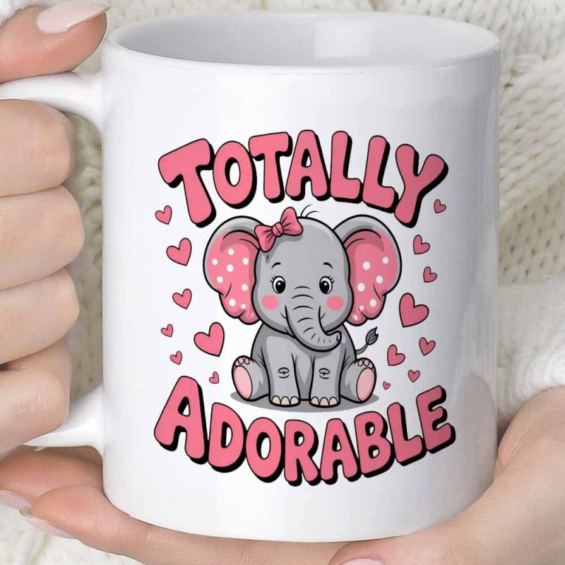Tailorly White Ceramic 11 oz Mug - Totally Adorable Charming Cartoon Baby Elephant With Polka Dot Ears And Hearts Elephant