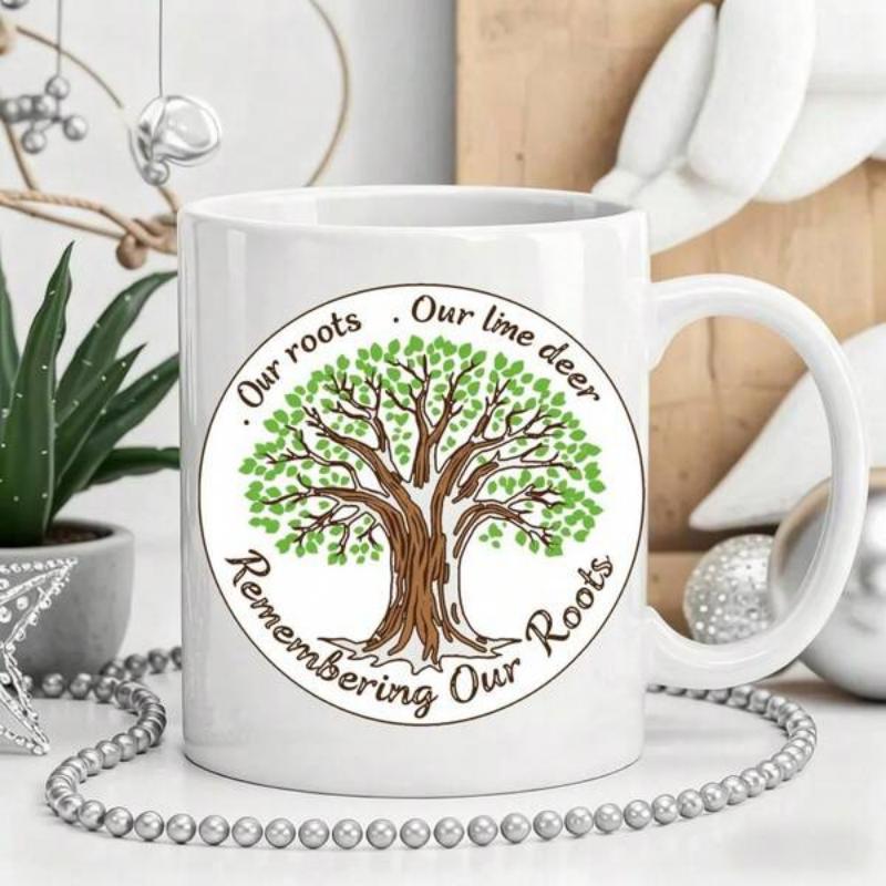 Tailorly White Ceramic 11 oz Mug - Our Roots Our Line Deer Remembering Our Roots Flourishing Green Tree With Strong Brown Roots Spreading Within Circular Border