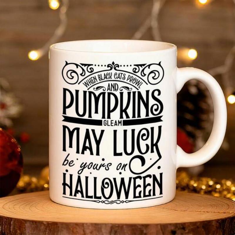 Tailorly White Ceramic 11 oz Mug - When Black Cats Prowl And Pumpkins Gleam May Luck Be Yours On Halloween Ornate Vintage Scrollwork Frame Enhancing A Festive