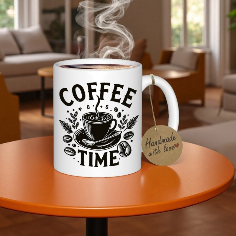 Tailorly White Ceramic 11 oz Mug - Coffee Time Steaming Hot Cup Surrounded By Roasted Beans And Delicate Botanical Leaves Mug