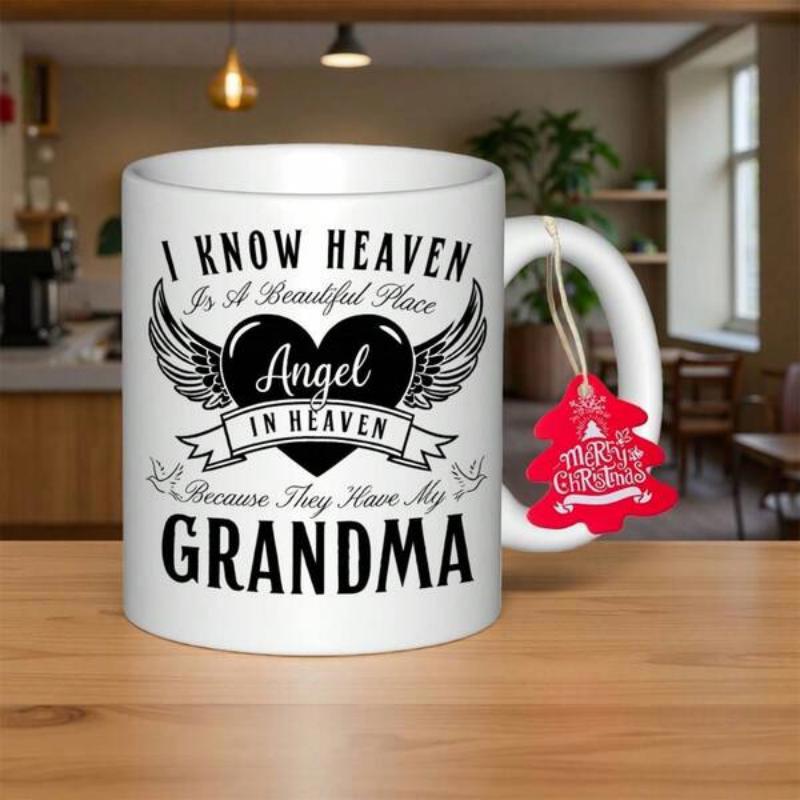 Tailorly White Ceramic 11 oz Mug - I Know Heaven Is A Beautiful Place Angel In Heaven Because They Have My Grandma Memorial Winged Heart With Small Birds And