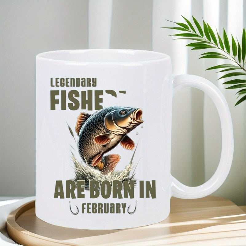 Tailorly White Ceramic 11 oz Mug - Legendary Fishermen Are Born In February Detailed Carp Jumping Out Of Splashing Water With Artistic Hooks Fish