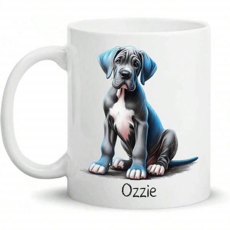 Tailorly White Ceramic 11 oz Mug - Ozzie Sitting Black And White Great Dane Puppy With Stylized Blue Accents Dog