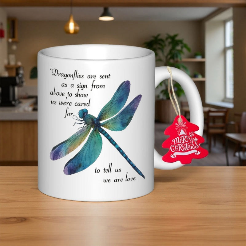Tailorly White Ceramic 11 oz Mug - Dragonflies Are Sent As A Sign From Above Watercolor Style Artistic Blue Green Wings On White Ceramic Dragonfly