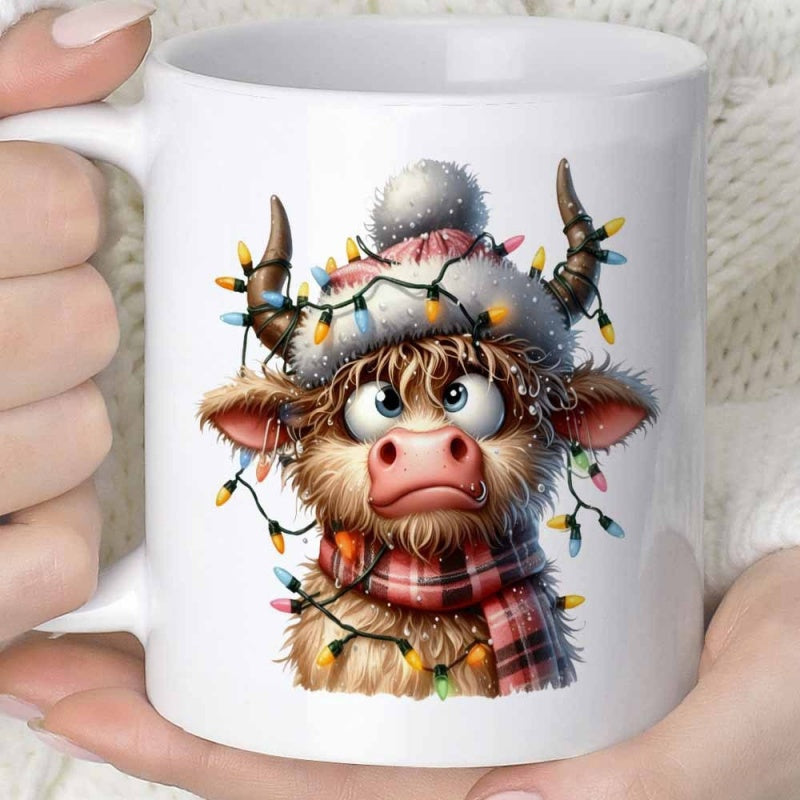 Tailorly White Ceramic 11 oz Mug - Adorable Highland Calf Wearing Festive Christmas Lights And Winter Scarf Cow
