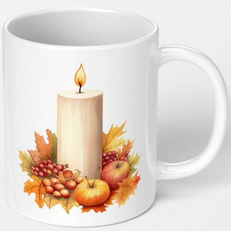 Tailorly White Ceramic 11 oz Mug - Warm Glowing Wick Surrounded By Vibrant Fall Foliage And Harvest Fruit Candle