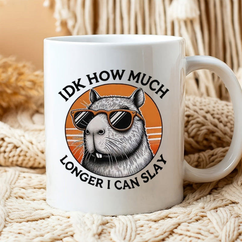 Tailorly White Ceramic 11 oz Mug - Idk How Much Longer I Can Slay Cool Stylish Rodent With Sunglasses Resting Under Vibrant Retro Sunset Capybara