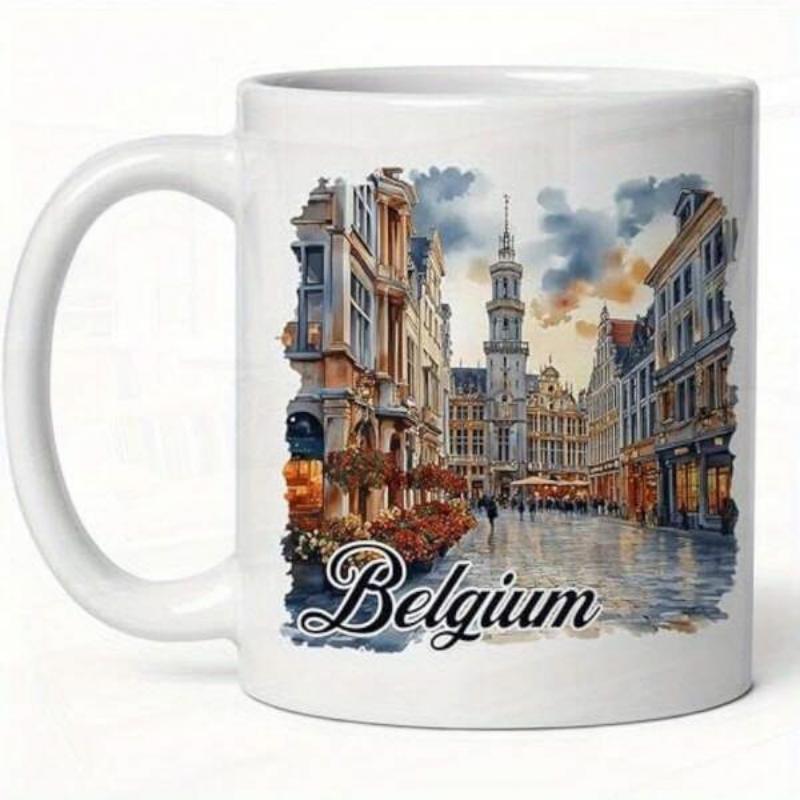 Tailorly White Ceramic 11 oz Mug - Belgium Watercolor Illustration Featuring Historic Architecture On A Picturesque European Building