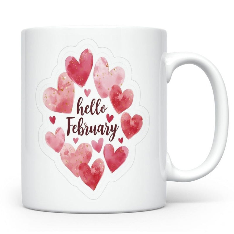Tailorly White Ceramic 11 oz Mug - Hello February Vibrant Watercolor Red And Pink Decorative Elements Forming A Heart