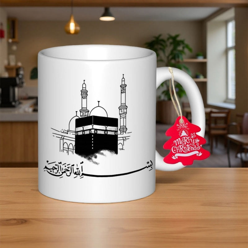 Tailorly White Ceramic 11 oz Mug - Merry Christmas Minimalist Black And White Illustration Of Holy Kaaba Within Mosque Architecture Kaaba