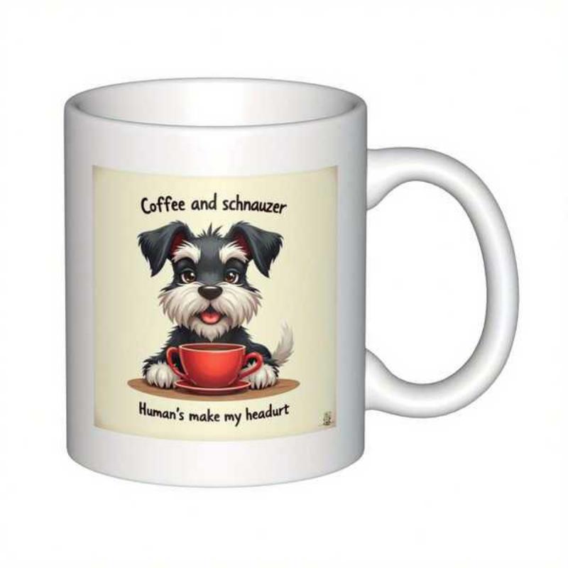 Tailorly White Ceramic 11 oz Mug - Coffee And Schnauzer Humans Make My Head Hurt Adorable Cartoon Dog Sitting Behind A Vibrant Red Steaming Coffee Cup Schnauzer