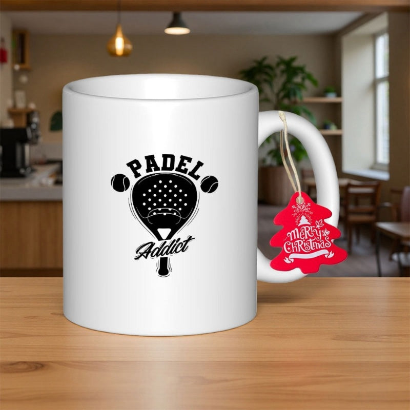 Tailorly White Ceramic 11 oz Mug - Padel Addict Minimalist Black Silhouette Design Featuring Sports Equipment With Round Playing Balls Racket