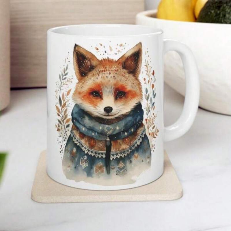 Tailorly White Ceramic 11 oz Mug - Adorable Watercolor Animal Wearing Cozy Sweater Among Delicate Autumn Leaves Fox