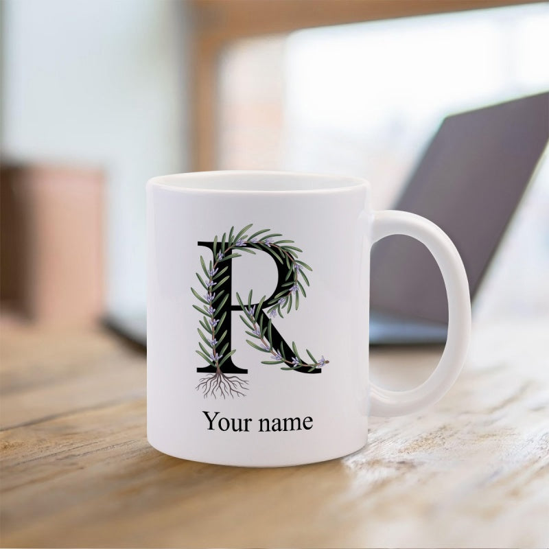 Tailorly White Ceramic 11 oz Mug - Your Name Elegant Initial R Wrapped In Delicate Evergreen Pine Branches Letter