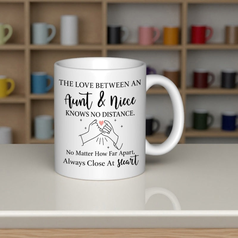 Tailorly White Ceramic 11 oz Mug - The Love Between An Aunt Niece Knows No Distance No Matter How Far Apart Always Close At Heart Minimalist Line Art Hands