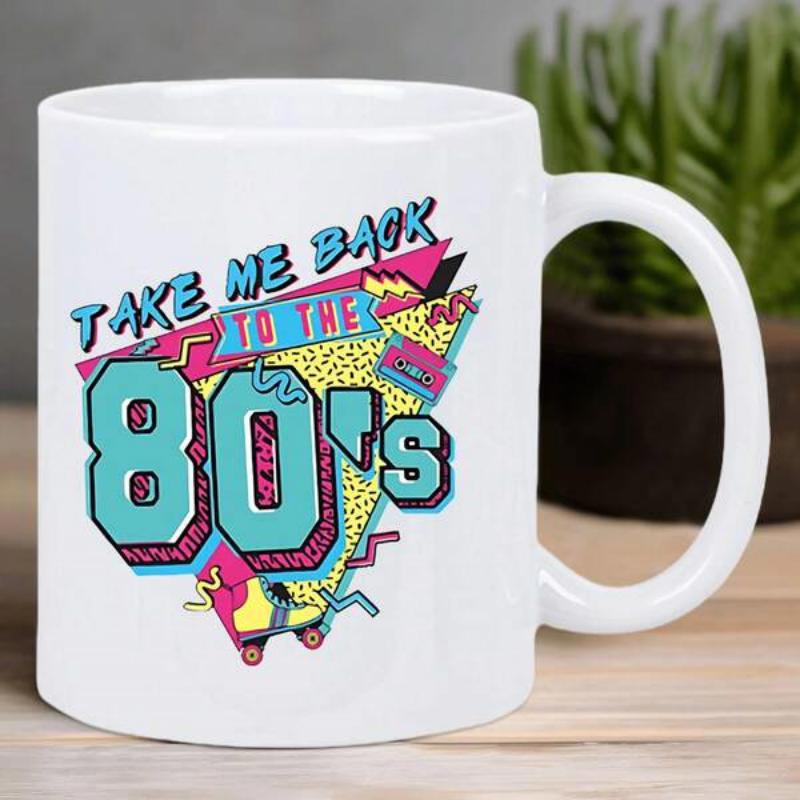 Tailorly White Ceramic 11 oz Mug - Take Me Back To The 80s Vibrant Retro Memphis Style Geometric Shapes With Classic Roller Skate And Cassette Mug