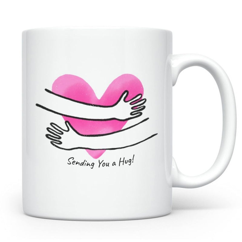 Tailorly White Ceramic 11 oz Mug - Sending You A Hug Soft Pink Watercolor Style With Minimalist Line Art Arms Hugging Heart