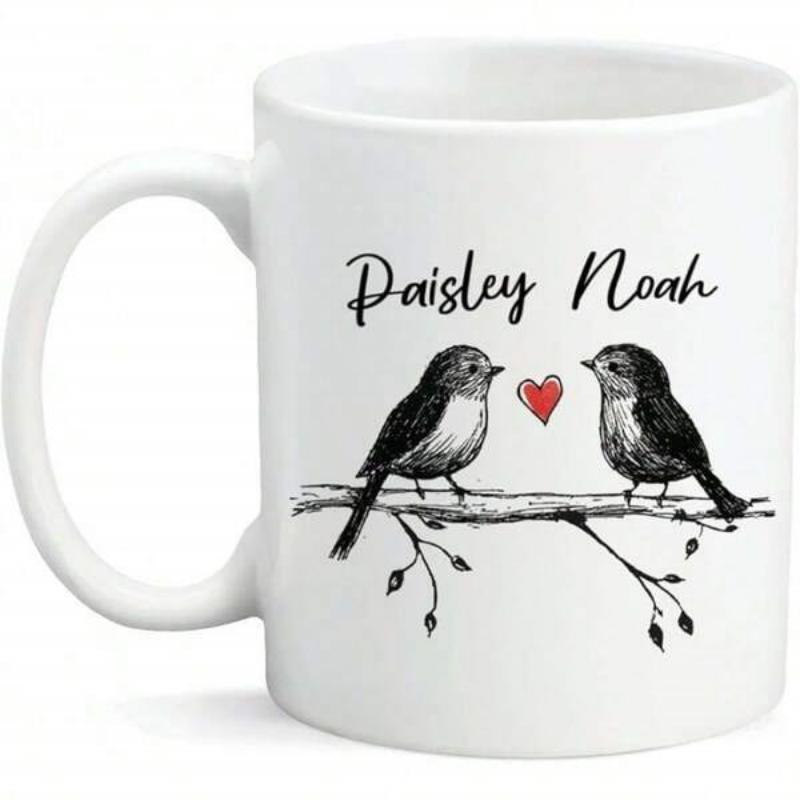 Tailorly White Ceramic 11 oz Mug - Paisley Noah Two Small Birds Resting On A Branch With A Red Heart Birds