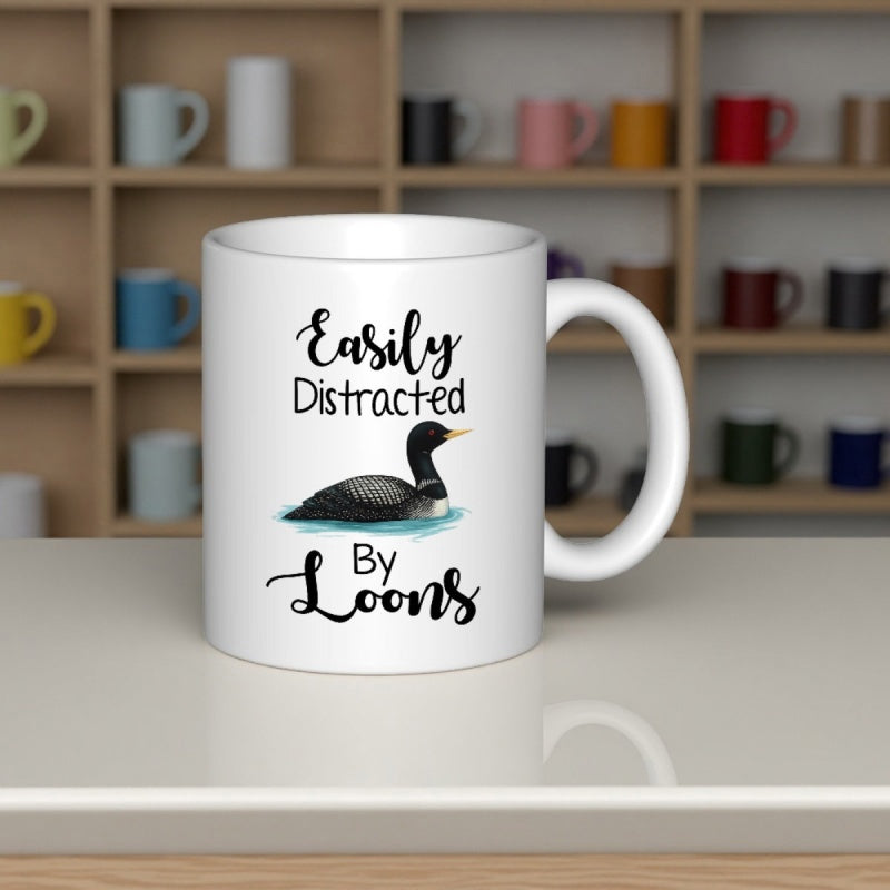 Tailorly White Ceramic 11 oz Mug - Easily Distracted By Loons Realistic Black And White Bird Swimming Gracefully Among Blue Waves Loon