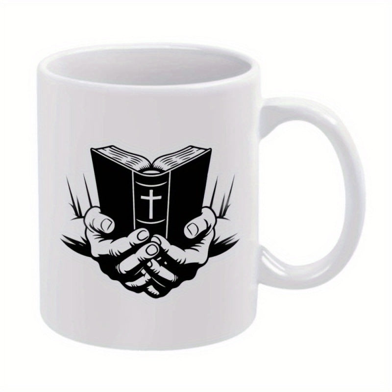 Tailorly White Ceramic 11 oz Mug - Detailed Black Ink Sketch Hands Gently Holding Open Sacred Religious Bible
