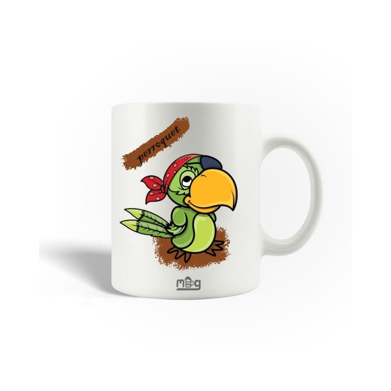 Tailorly White Ceramic 11 oz Mug - Parrot Vibrant Cartoon Pirate Bird Wearing Red Bandana Parrot
