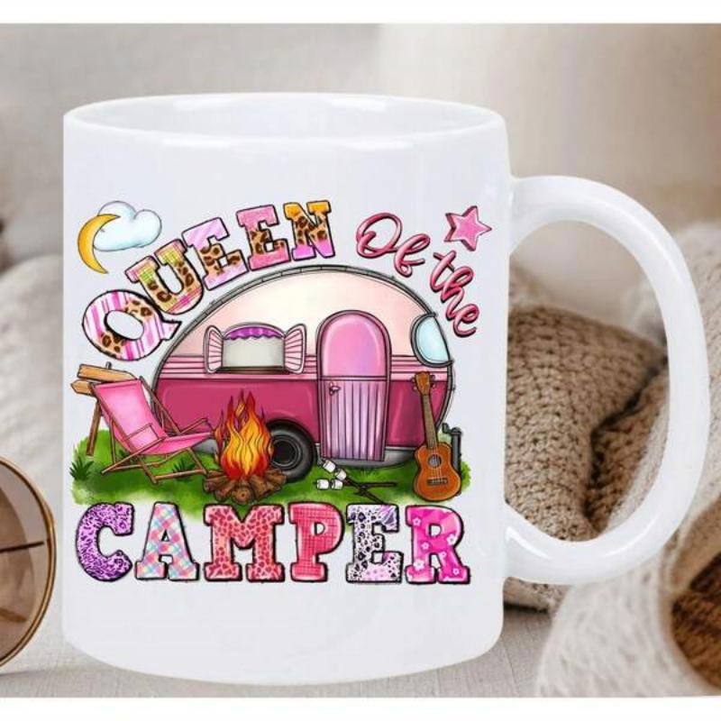 Tailorly White Ceramic 11 oz Mug - Queen Of The Camper Pink Vintage Trailer Parked Near Glowing Campfire Under Moonlit Sky Camper