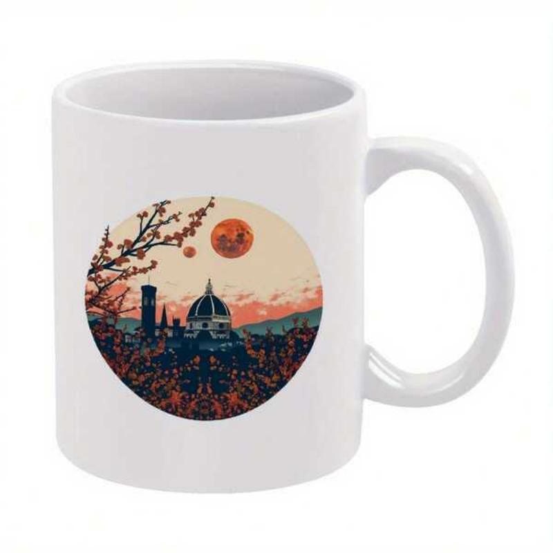 Tailorly White Ceramic 11 oz Mug - Vintage Sunset Over Italian Cityscape With Flourishing Branches And Historic Cathedral