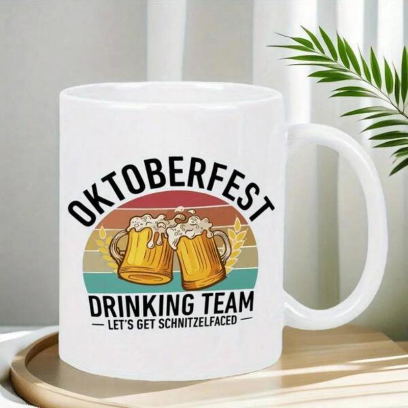 Tailorly White Ceramic 11 oz Mug - Oktoberfest Drinking Team Lets Get Schnitzelfaced Retro Vintage Style Sunset Behind Two Frothy Beer Mugs Clinking Together Mug