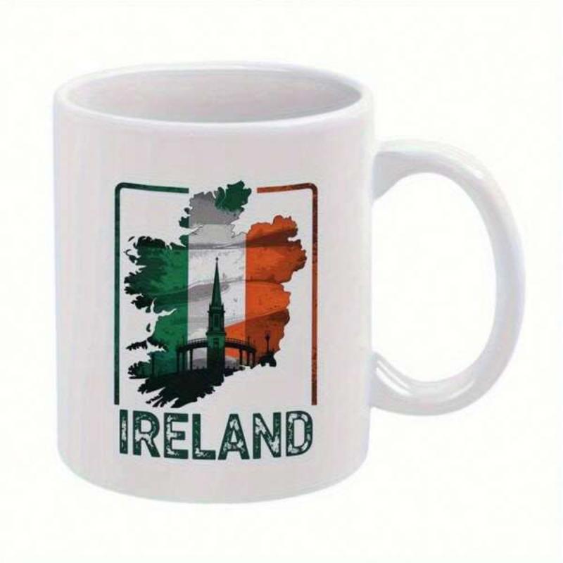 Tailorly White Ceramic 11 oz Mug - Ireland Distressed Map Silhouette With National Flag Colors And Landmark Map