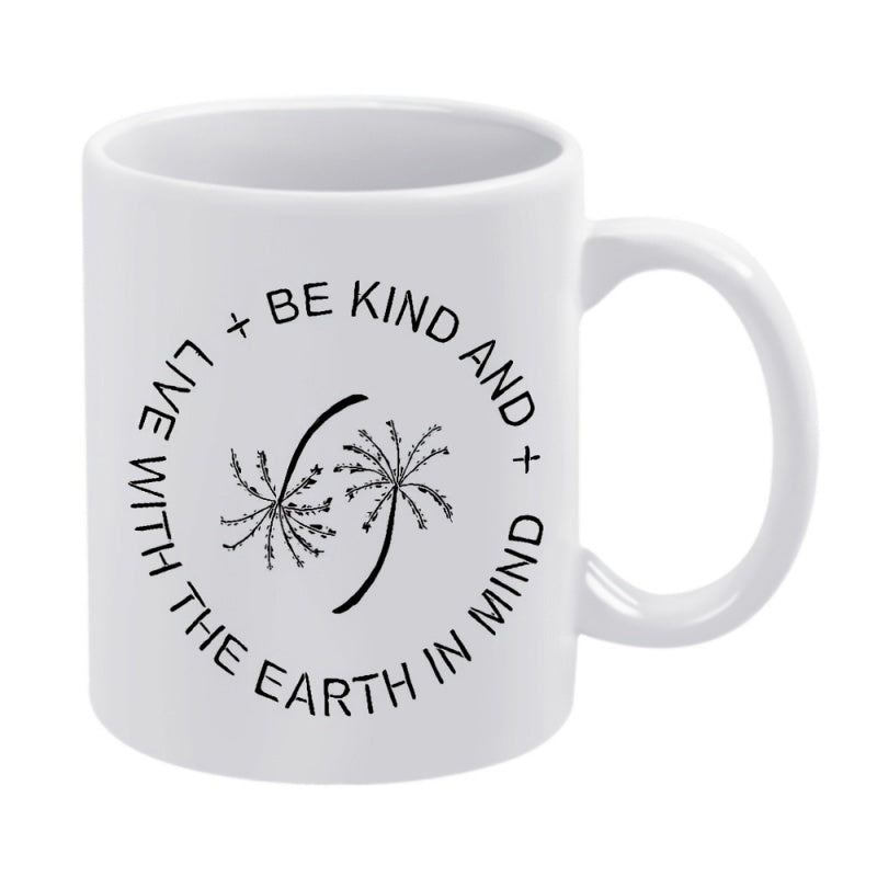 Tailorly White Ceramic 11 oz Mug - Live Be Kind And With The Earth In Mind Minimalist Delicate Wildflowers Within Circular Arrangement Surrounded By Inspirational