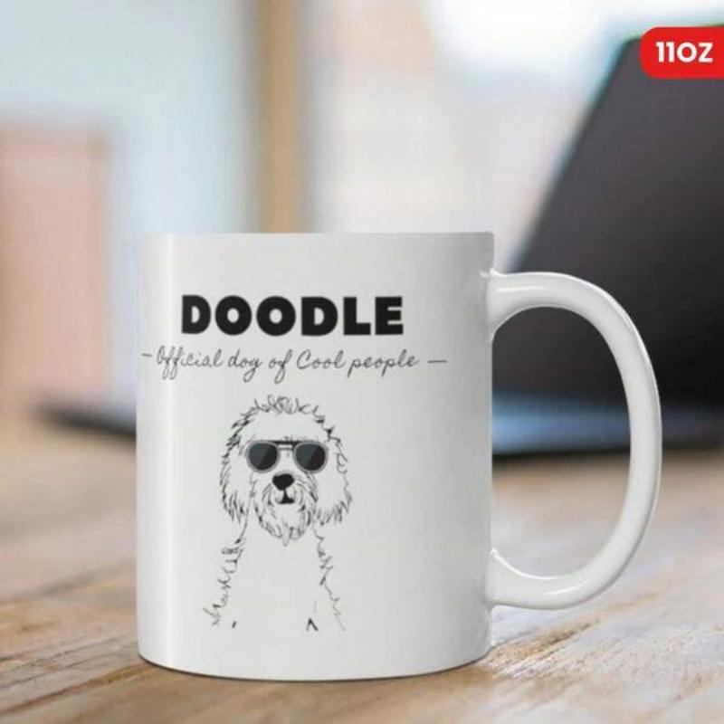 Tailorly White Ceramic 11 oz Mug - Doodle Official Dog Of Cool People Minimalist Sketch Of A Fluffy Dog Wearing Dark Black Sunglasses Doodle