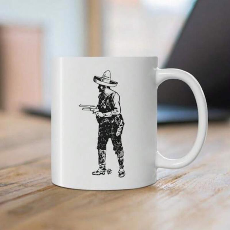 Tailorly White Ceramic 11 oz Mug - Vintage Sketch Illustration Of A Mexican Figure Wearing A Sombrero Cowboy