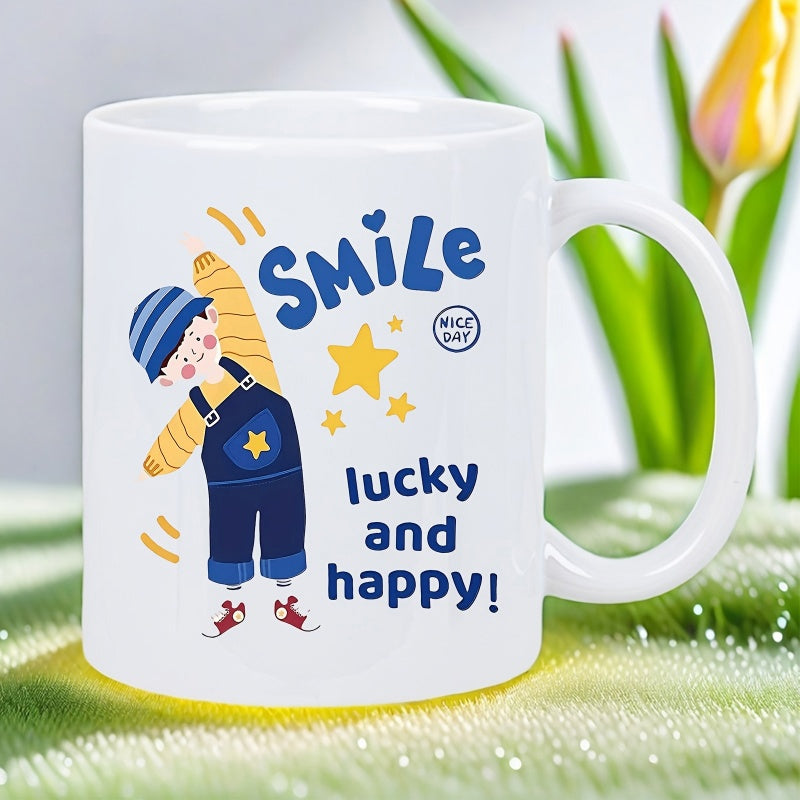 Tailorly White Ceramic 11 oz Mug - Smile Lucky And Happy Nice Day Cute Cartoon Boy Wearing Overalls Surrounded By Bright Shining Yellow Stars Boy