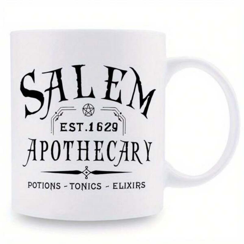Tailorly White Ceramic 11 oz Mug - Salem Apothecary Potions Tonics Elixirs Vintage Gothic Style With Decorative Borders And A Small Pentagram Apothecary