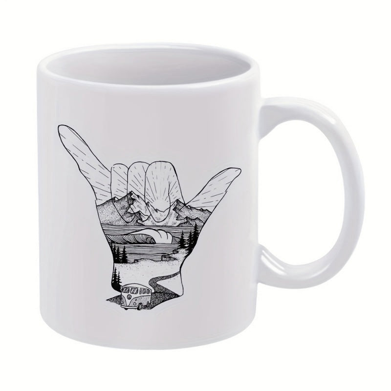 Tailorly White Ceramic 11 oz Mug - Scenic Mountain Landscape With Winding Road And Trees Inside Shaka Hand