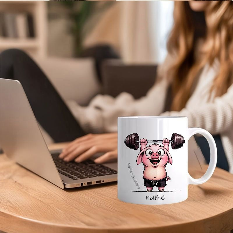 Tailorly White Ceramic 11 oz Mug - Name Enthusiastic Pink Cartoon Pig Lifting Heavy Black Barbell With Powerful Determination Pig