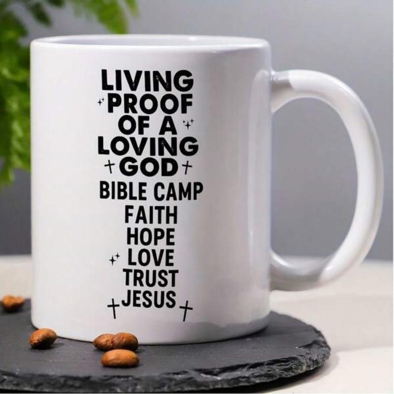 Tailorly White Ceramic 11 oz Mug - Living Proof Of A Loving God Bible Camp Faith Hope Love Trust Jesus Minimalist Black Ink Typography Arranged Into A Symbolic