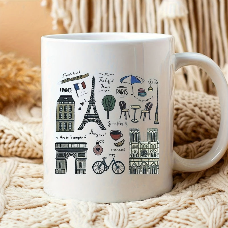 Tailorly White Ceramic 11 oz Mug - France Paris Eiffel Tower Arc De Triomphe Notre Dame Artistic Hand Drawn Sketches Featuring Iconic Historical Monuments Of